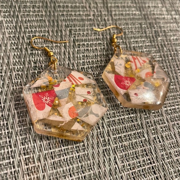 Handmade Festive Medium Holiday Earrings Gold Rectangle - Picture 8 of 9